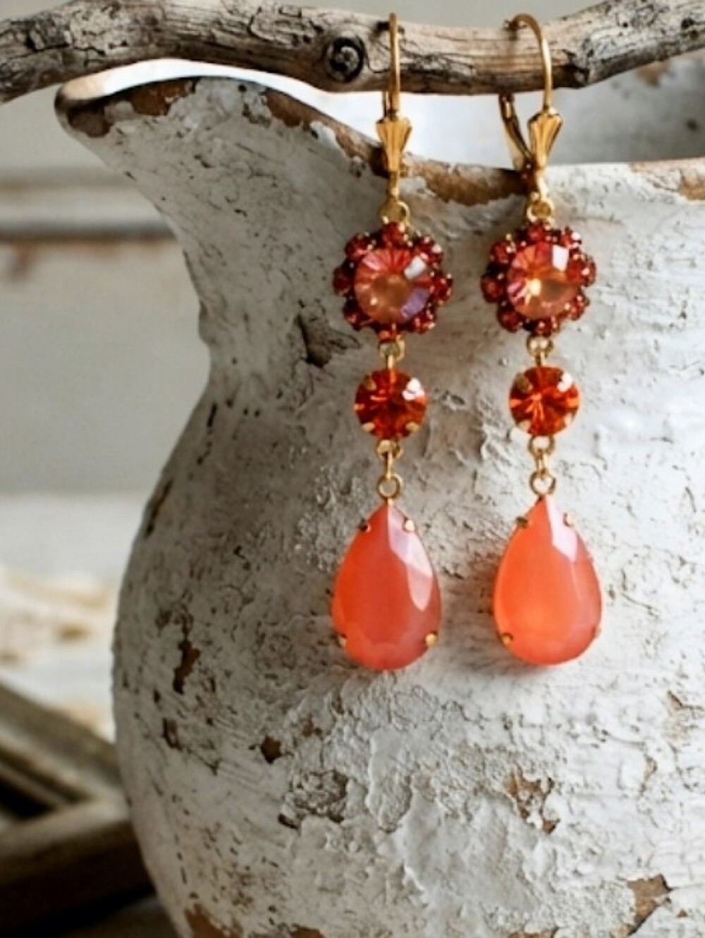 Victorian Lush Orange Swarovski Crystals In Artisan-made Gold Plated Earrings